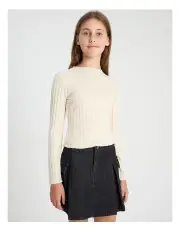 [Tilii] Long Sleeve Rib Funnel Neck Top in Ecru