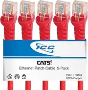 CAT5e Ethernet Patch Cord 25 FT 5-Pack, UTP 24 AWG UL Listed, PoE++, 100% Stranded Copper Snagless Patch Cable for Patch Panel to Network Switch for Data Center, Office, and Home, 25 Feet Red