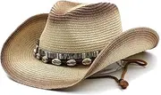 [YYUIXYJT] Cowboy Hat Men's Sun Hat Wide Brim Fedora Hat Belt Decorate Beach Straw Hat for Men Protection Cap Chapeau Femme
