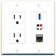 3 Port Power Outlet Cover Plug Jack UL 2 Gang CAT7 SPEAKER USB-3 Wall Plate