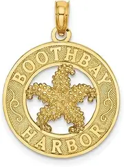 [JewelryWeb] 14ct Gold Boothbay Harbor Round Frame With Sea shell Nautical Starfish Center Charm Pendant Necklace 24.6x18.6mm Wide 2.6mm Thick