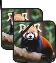 Red Panda Potholders BBQ Pot Holders for Heat Resistant Potholder, Hot Pads,Cooking Baking(2-Pack)