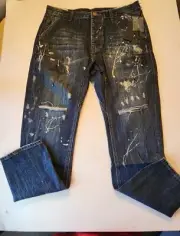 MAN X ONE TEASPOON Mr Golds Blue Suede Paint Splatter Jeans 30R Straight Relaxed