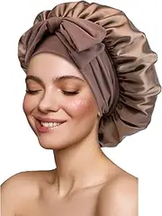 Satin Silk Hair Bonnet for Sleeping Large Bonnets with Tie Band Wrap with Adjustable Straps Night Sleep Caps for Women Curly Braid Hair Coffee