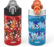 Zak Designs Sonic the Hedgehog Sage Kids Water Bottle For School or Travel, 16oz Durable Plastic Water Bottle With Straw, Handle, and Leak-Proof, Pop-Up Spout Cover, 2-Pack Set (Sonic & Shadow)