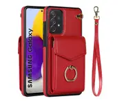 for Samsung Galaxy A52 5G Leather Wallet Case with Ring Kickstand-Red