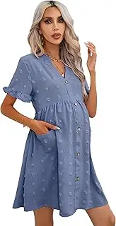 [KOJOOIN] Maternity Swiss Dot Dress Summer V Neck Short Sleeve Button Down Mini Dress Baby Shower Photoshoot with Pockets, Grey Blue, Medium