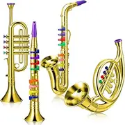 Treela Set of 4 Musical Instruments Toy Clarinet, Toy Saxophone, Toy Trumpet and Toy Horn for Beginners 4 Wind and Brass Musical Instruments Combo with Over 10 Color Keys Coded for Boys Girls (Gold)