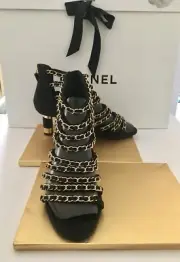 NIB CHANEL Black Kid Suede Gold Chain Gladiator Open-Toe Sandals Mid Heel, 38