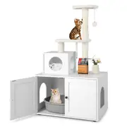 Costway 3IN1 Cat Tree Tower Scratching Post Kitty Condo House Pet Litter Box Enclosure w/Mat&Teasing Ball White