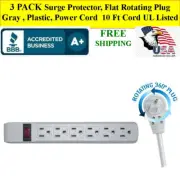 3 PACK Surge Protector, Flat Rotating Plug, 6 Outlet, Gray 10 FT CORD UL Listed