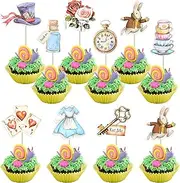 Gyufise 36Pcs Alice Cupcake Toppers Butterfly Flower Bowl Key Clock Eat Me Cupcake Picks Tea Party Cake Decorations for Baby Shower Birthday In Wonderland Party Decorations