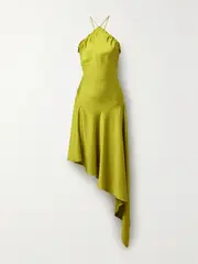 [The Attico] The Attico - Asymmetric Feather-trimmed Satin Halterneck Midi Dress - Green - IT38 IT 38 Green