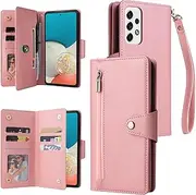 [YocoverTech] for Samsung A53 5G Case,for Galaxy A53 5G Wallet Case[6 Card Slots and 1 Zipper Coin Pocket] PU Leather Stand Flip Cover with Wrist Strap[6.5 inch]-Pink