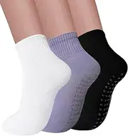 [Elapse Space] 3 Pairs Pilates Socks with Grips for Women Non Slip Yoga Crew Socks for Women, 3 Pairs-white/Black/Purple, One Size
