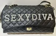 NWT CRYSTAL EMBELLISHED SEXY DIVA LARGE SHOULDER TOTE BAG BLACK