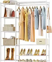 [Neprock] Clothing Racks for Hanging Clothes with Shelves, Portable Closet System Organizer Garment Rack for Clothes Storage, Metal Free Standing Wardrobe Clothes Organizer(White)