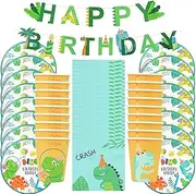 Aswalling 49Pcs Dinosaur Theme Disposable Tableware Set Paper Plate Cup Kids Boy Jungle Birthday Decoration Baby