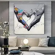 Wall Art Gesture Heart Banksy Graffiti Art Canvas Painting Love Hands Artwork Posters Prints Wall Picture For Living Room Home Decor Frameless 60×60cm