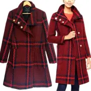 Ann Taylor Wool Blend Plaid Tweed Coat Size Small Red Funnel Neck Overcoat NEW