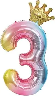 Large Rainbow Number Balloons 3th Birthday Number Balloon with Detachable Crown Air Helium Digital Balloon Kids Birthday Party Decorations 40inch (Number 3)