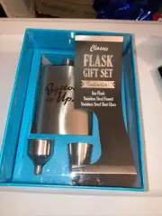 BJ’s Classic Flask Gift Set Shot Glass Funnel Silver Stainless Steel Bottoms Up