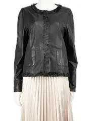 Black Leather Fringe Trim Jacket