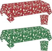 Christmas Tablecloths for Rectangle Table, 87x51'' Santa Claus Snowman Reindeer Snowflake Xmas Plastic Disposable Table Cover for Christmas Party Winter Events Decorations, Red and Green, 4 Pack