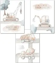 Lemmami Papeterie Set of 3 Wall Pictures Nursery Baby Room Poster Pictures DIN A4 Boys Decoration Digger Construction Site Builder (Set of 3 Pictures Pastel, Wall Decoration)