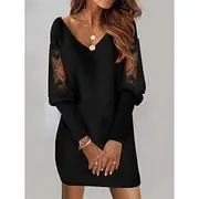 Women's Black Dress Mini Dress Lace Patchwork Casual V Neck Long Sleeve Black White Color