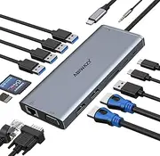 ABIWAZY USB C Docking Station Dual Monitor 14 in 1 Triple Display Hub Multiple Adapter, 2 HDMI 4K+VGA+5 USB Ports+100W PD Charger+Ethernet+SD/TF+Audio for Dell/HP/Lenovo/Surface Laptop