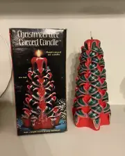 Green and Red 8 inch Christmas Tree Candle Hand Carved Vintage Ribbon Swirl