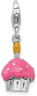 [JewelryWeb] 925 Sterling Silver Polished Fancy Lobster Closure 3 D Enameled Cupcake and Candle With-Lobster Clasp Charm Pendant Necklace 28x10mm