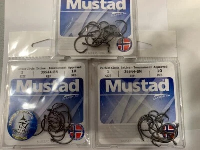 MUSTAD CIRCLE HOOK-39944-BN-1 SIZE-3PACK(10EACH) CIRCLE HOOK-POINT BENT IN