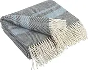 LYHome Merino Wool Blanket - Large Throw Bedspread for Sofa Bed, Single Double Size, Cosy Throws for Sofas & Beds, Soft and Warm Blankets Picnic (55x79 in | 140x200 cm | Grey - Blue - White Stripes)