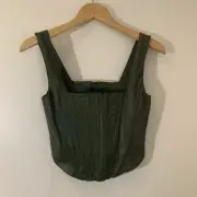 7 For All Mankind Womens Faux Leather Corset Top M Army Green Coquette Grunge