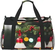 [CADREWY] Christmas Tree and Bell Print Travel Duffle Bag Large Capacity Tote Stylish Weekender Bag for Outdoor Activities, Black, One Size