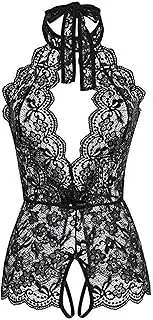 [Generic] Women Lace Teddy Bodysuit Deep V Cut Out One Piece Lingerie Sexy Halter Backless Babydoll Nightgown, Black, Small