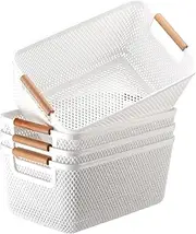 [Tioncy] 4 Pcs White Mesh Baskets with Wooden Handles Plastic Storage Organizer Baskets Pantry Basket Fruit Vegetables Gathering Basket Bin for Organizing Cabinet Closet Bedroom Kitchen(Medium)