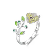 Bird Jewelry Silver plating Color Bird and Tree Leaves Open Size Finger Rings for Women Fashion Jewelry