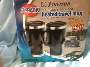 Emerson Stainless Steel 2-Pack Heated Travel Mug Set w/ Adapters **NEW**A368 jv