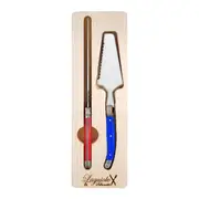 2pc Laguiole Silhouette Stainless Steel Cake Server/Knife Set Utensils Blue/Red