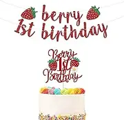 Berry 1st Birthday Cake Topper and Hanging Banner Set - Glitter Red Strawberry First Birthday Decorations for Baby Girl, One in a Berry Party Supplies, Smash Cake Decor, Photo Props
