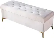 Footstool Tufted Rectangular Storage Footstool Flannel Upholstered Decoration Soft Closing Hinge Household Shoe Changing Stool with Metal Legs 39.4x16.5x17.7in Ottomans(Color:Beige) (Beige)