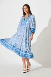 Barrymore Midi Smock Dress Full Length Sleeve in Blue and White Print S/M