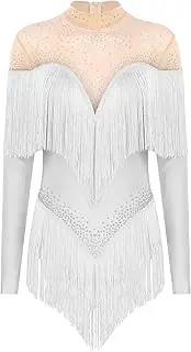 [Jugaoge] Latin Dance Leotard for Women Long Sleeve Dance Costume Fringe Dress Salsa Tango Gymnastics Bodysuit