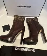 $920 DSQUARED2 9 39 Brown Studded Ankle Boots Block Stacked Heel Lug Sole Italy