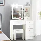 Dressing Table Vanity Set LED Sliding Mirror Stool Desk and 6 Drawers Stool Set