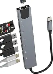 USB C Hub(8 in 1)HDMI Ethernet SD Micro SD Card Reader Adapter USB OTG 3.0 for Ipad MacBook Laptop Type C Multiport Docking Station Charger Splitter for Apple IPhone 16 Pro TV 4K Display Monitor 8in1