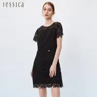 在飛比找momo購物網優惠-【JESSICA】高雅氣質花卉刺繡蕾絲短袖洋裝233178（